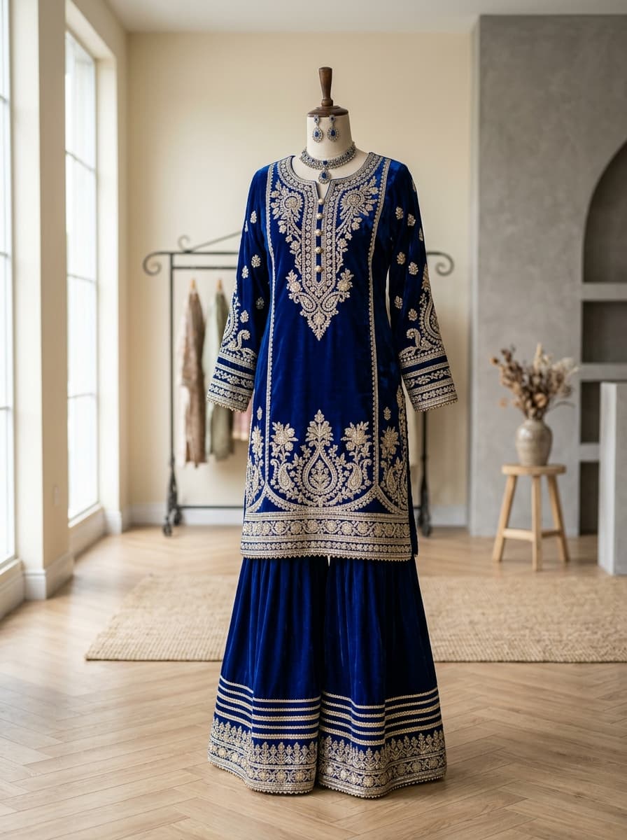 Shahi Darbar — Royal Sapphire Velvet Gota Suit & Sharara