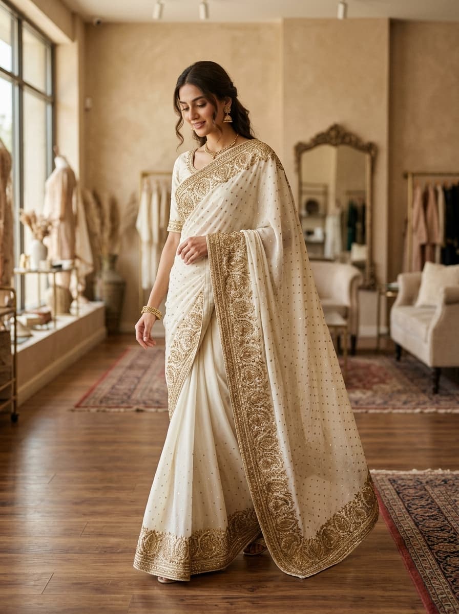 Noor Jahan — Ivory & Gold Georgette Gota Saree